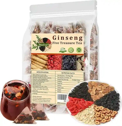Ginseng Five Treasure Tea – Herbal Energy & Kidney Support Tea | Natural Detox, Immunity Booster & Vitality Drink