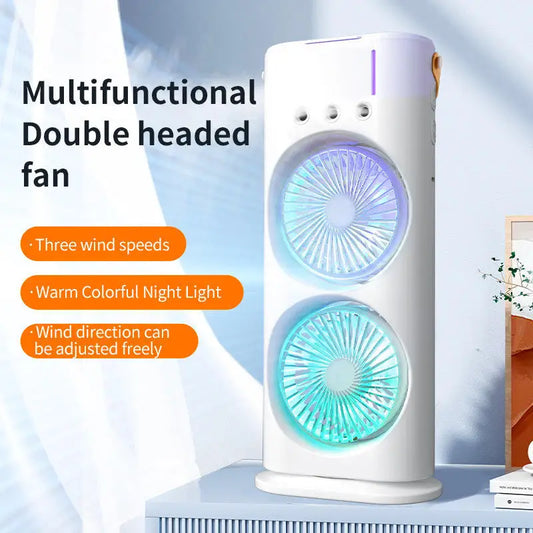 Portable Dual-Head Rotation Spray Fan – USB Rechargeable Cooling Mist Fan